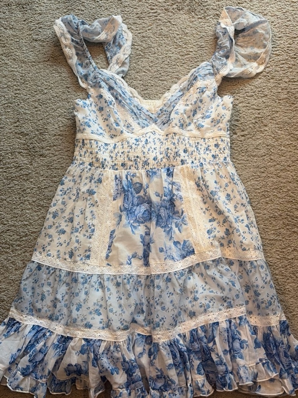 Altar'd State White and Blue Floral Lace-Trim Sundress